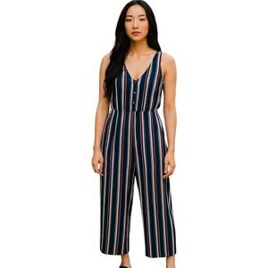 Xhilaration Women’s Blue Striped V-Neck Button-Front Belted Jumpsuit Size‎ S